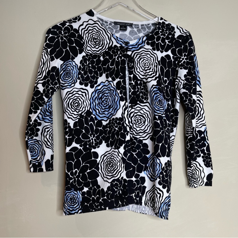 August Silk Black & Blue Floral Cardigan size small